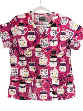 Butter-Soft Pink Holiday Print Scrub Top with Snowman & Cocoa Motif